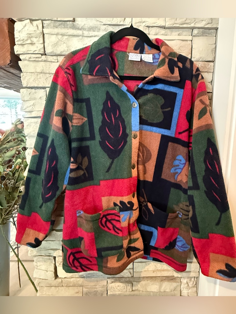 Vintage Blair Fleece Jacket Large Patchwork Leaf Print Button Up Shacket Boho